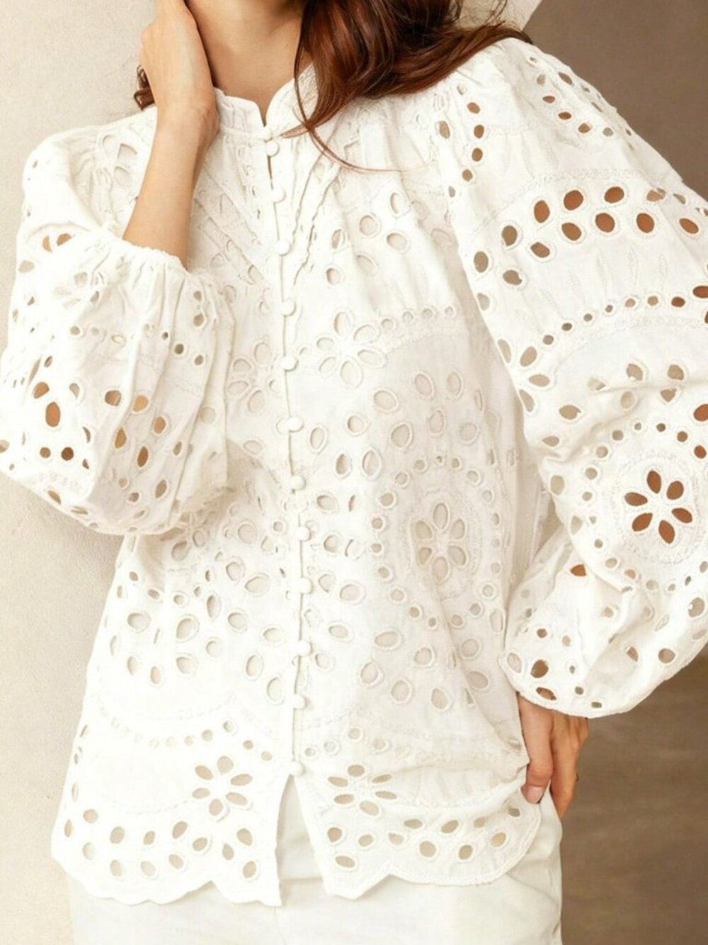 White Casual Women's Embroidered Hollow-Out Pleated Front Long Sleeve Blouse
